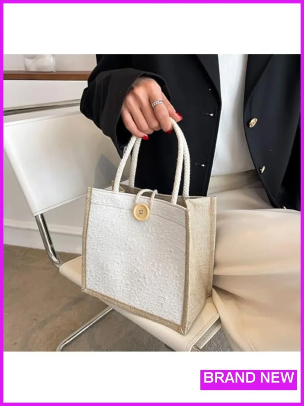 2pcs Jute Tote Bag Embroidered Reusable Grocery Shopping Bento Bag